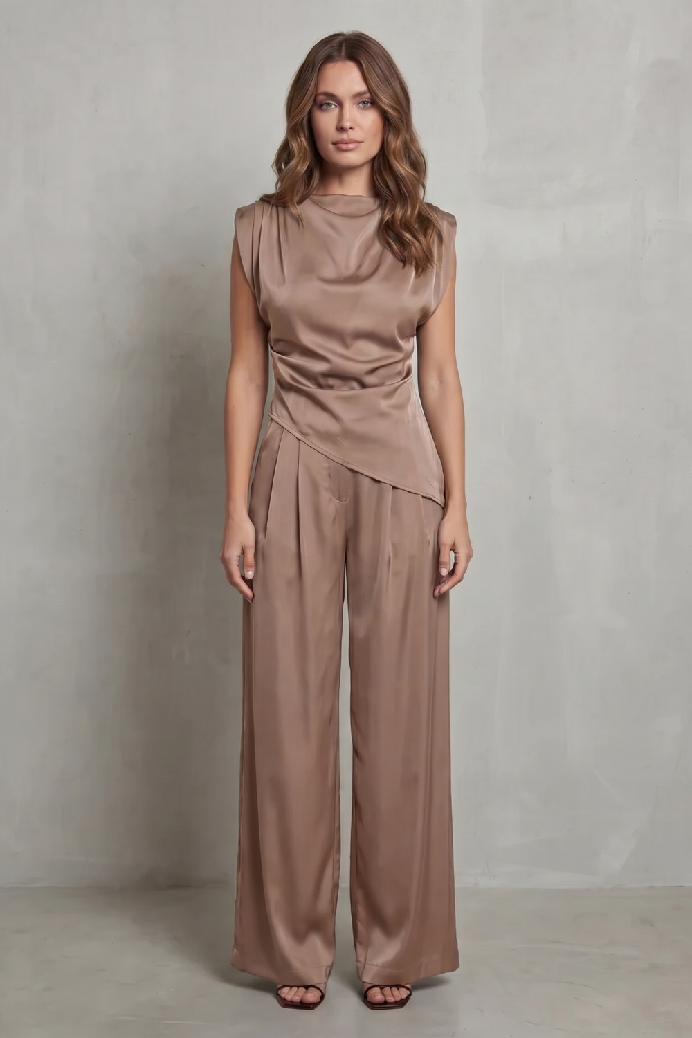 Guinevere | Sleeveless Co-Ord Set Charcoal Satin Draped Waist Wide-Leg for Women