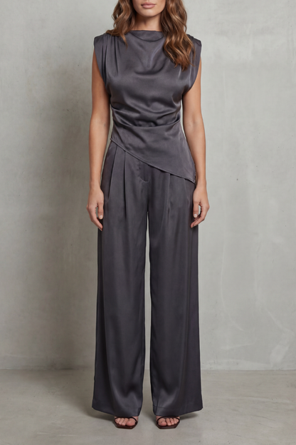 Guinevere | Sleeveless Co-Ord Set Charcoal Satin Draped Waist Wide-Leg for Women