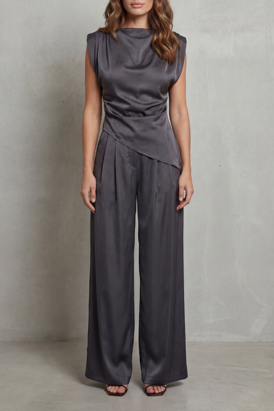 Guinevere | Sleeveless Co-Ord Set Charcoal Satin Draped Waist Wide-Leg for Women
