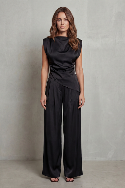 Guinevere | Sleeveless Co-Ord Set Charcoal Satin Draped Waist Wide-Leg for Women