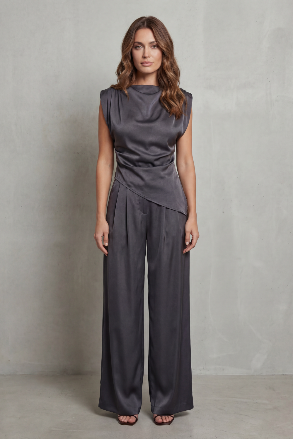 Guinevere | Sleeveless Co-Ord Set Charcoal Satin Draped Waist Wide-Leg for Women