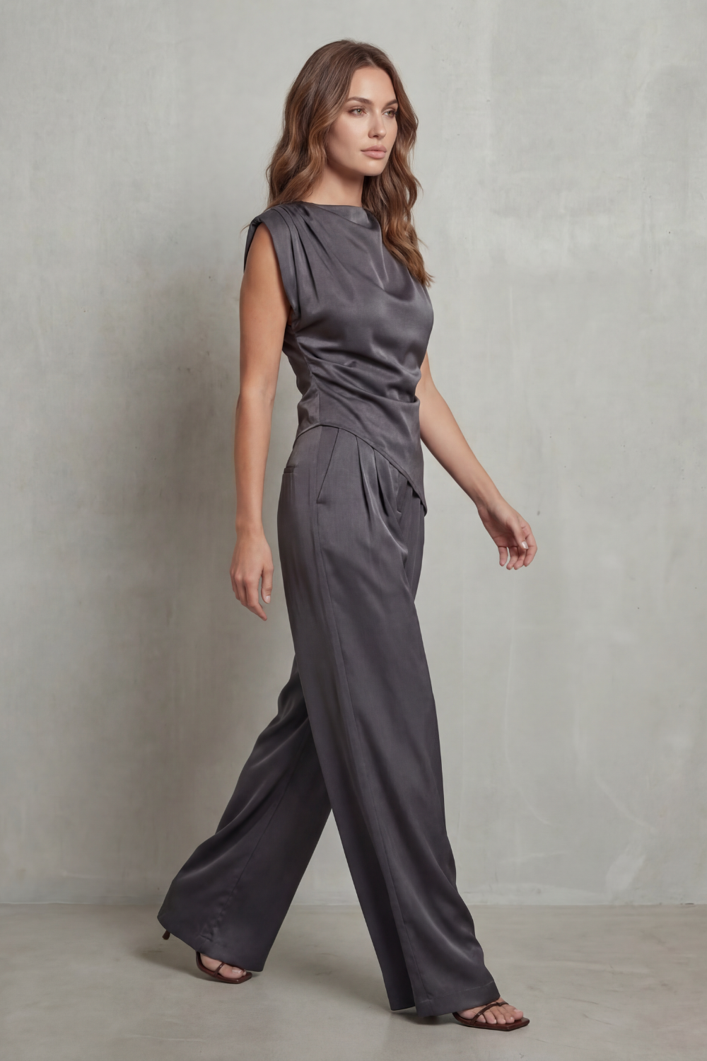 Guinevere | Sleeveless Co-Ord Set Charcoal Satin Draped Waist Wide-Leg for Women
