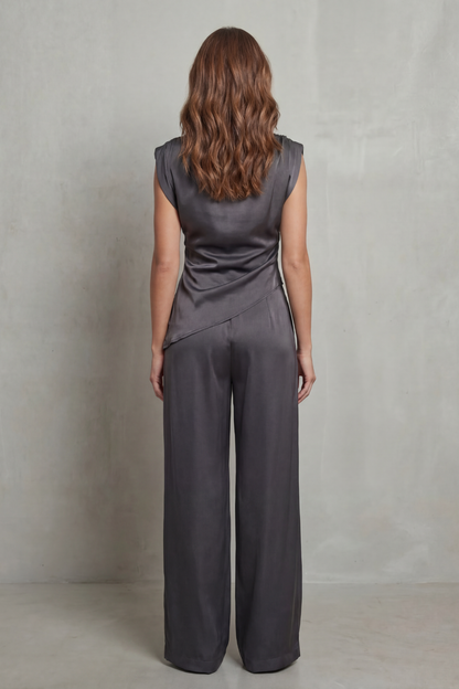 Guinevere | Sleeveless Co-Ord Set Charcoal Satin Draped Waist Wide-Leg for Women