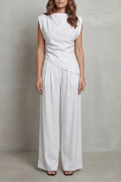 Guinevere | Sleeveless Co-Ord Set Charcoal Satin Draped Waist Wide-Leg for Women