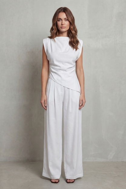 Guinevere | Sleeveless Co-Ord Set Charcoal Satin Draped Waist Wide-Leg for Women