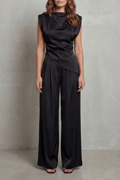 Guinevere | Sleeveless Co-Ord Set Charcoal Satin Draped Waist Wide-Leg for Women
