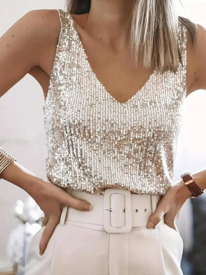 Callie | Sequin Tank Top Champagne Gold Sleeveless V-Neck for Women