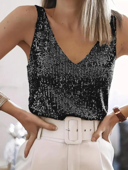 Callie | Sequin Tank Top Champagne Gold Sleeveless V-Neck for Women