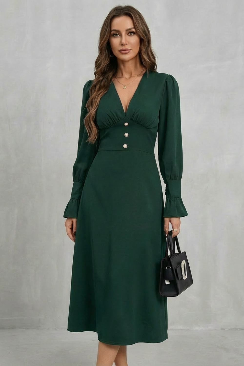 Adelaide | Midi Dress Chocolate Brown Polyester V-Neck Pearl Button for Women