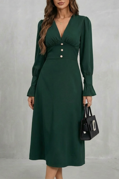 Adelaide | Midi Dress Chocolate Brown Polyester V-Neck Pearl Button for Women