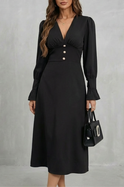 Adelaide | Midi Dress Chocolate Brown Polyester V-Neck Pearl Button for Women