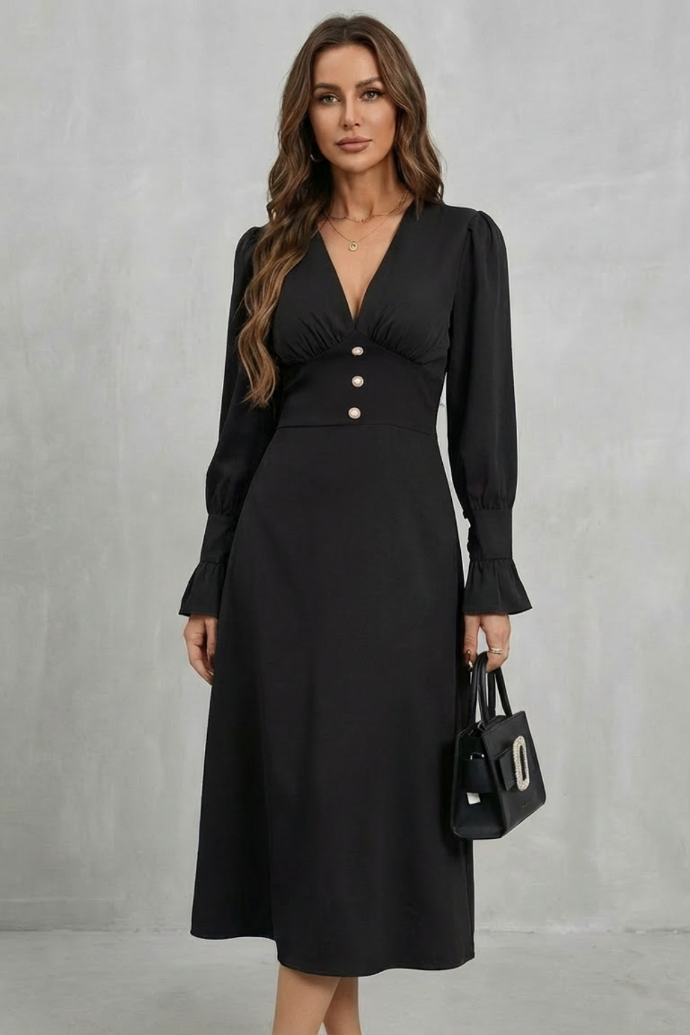 Adelaide | Midi Dress Chocolate Brown Polyester V-Neck Pearl Button for Women