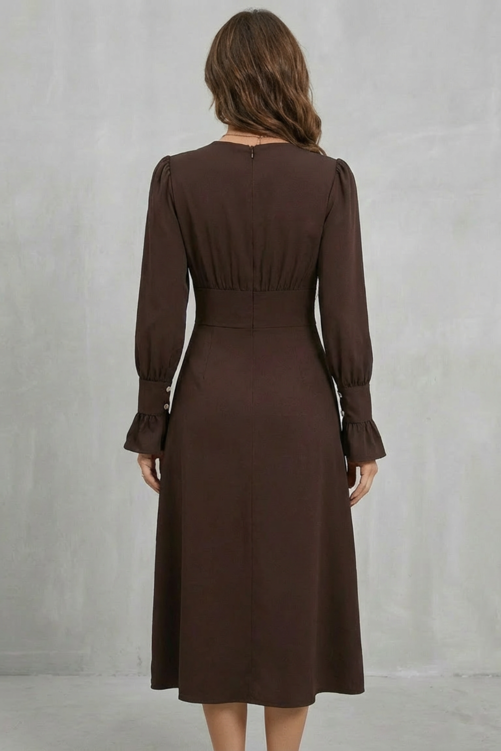Adelaide | Midi Dress Chocolate Brown Polyester V-Neck Pearl Button for Women