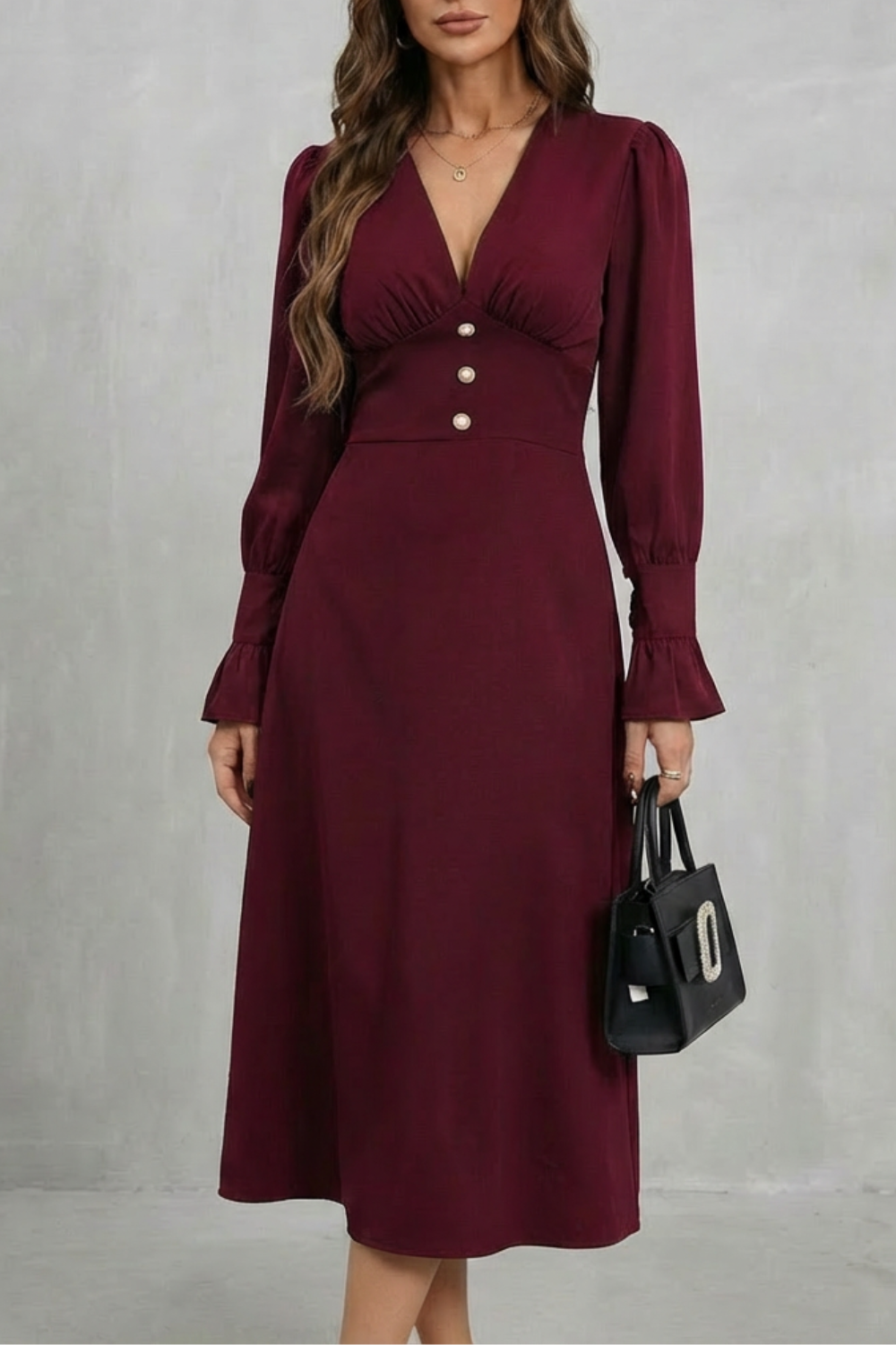 Adelaide | Midi Dress Chocolate Brown Polyester V-Neck Pearl Button for Women