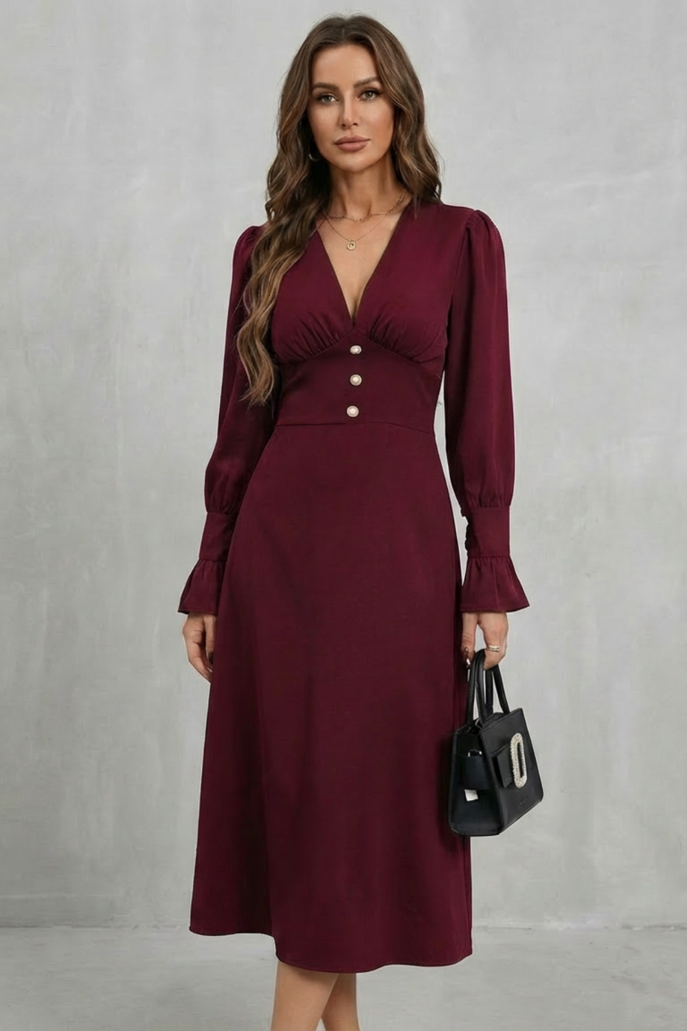 Adelaide | Midi Dress Chocolate Brown Polyester V-Neck Pearl Button for Women
