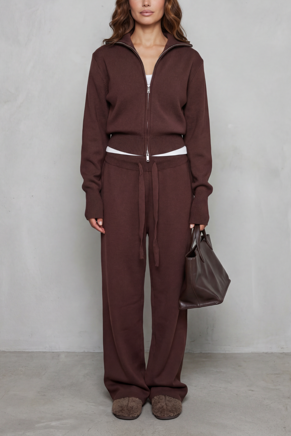 Meredith | Knit Lounge Set Dark Brown Two-Piece Zip Cardigan & Wide-Leg Trousers for Women
