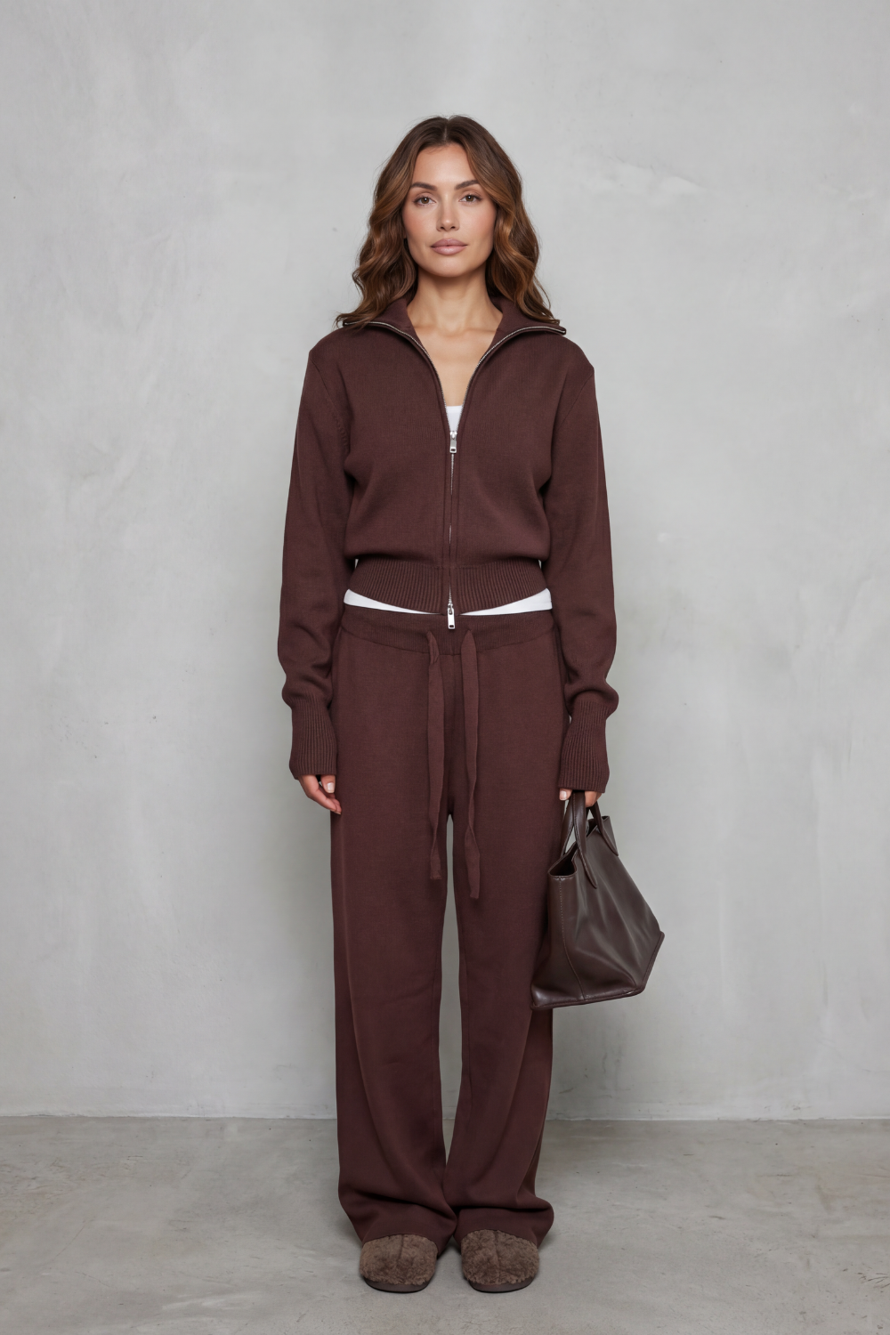 Meredith | Knit Lounge Set Dark Brown Two-Piece Zip Cardigan & Wide-Leg Trousers for Women