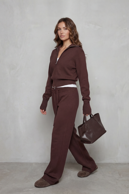 Meredith | Knit Lounge Set Dark Brown Two-Piece Zip Cardigan & Wide-Leg Trousers for Women