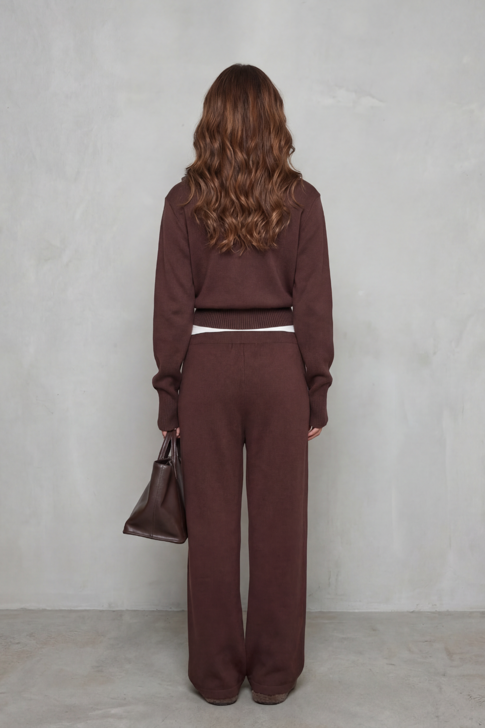 Meredith | Knit Lounge Set Dark Brown Two-Piece Zip Cardigan & Wide-Leg Trousers for Women