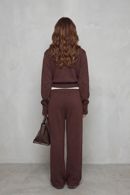Meredith | Knit Lounge Set Dark Brown Two-Piece Zip Cardigan & Wide-Leg Trousers for Women