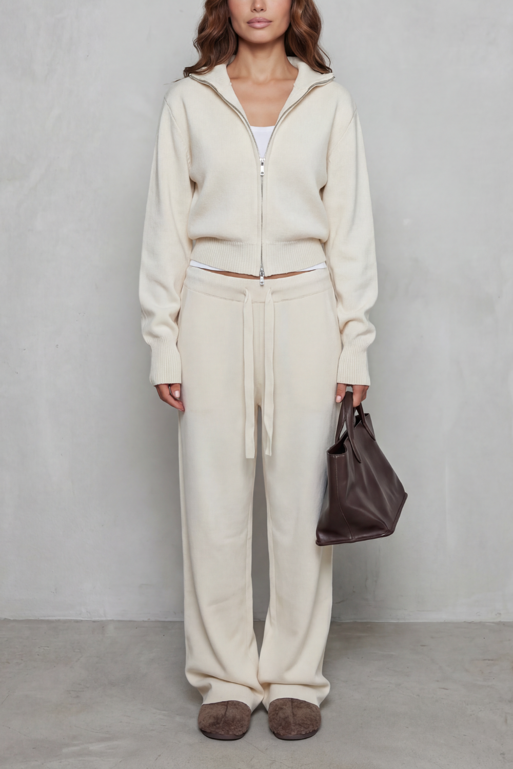 Meredith | Knit Lounge Set Dark Brown Two-Piece Zip Cardigan & Wide-Leg Trousers for Women