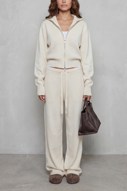 Meredith | Knit Lounge Set Dark Brown Two-Piece Zip Cardigan & Wide-Leg Trousers for Women
