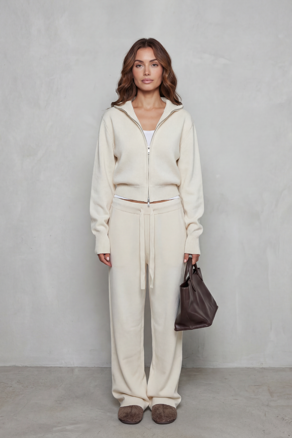 Meredith | Knit Lounge Set Dark Brown Two-Piece Zip Cardigan & Wide-Leg Trousers for Women
