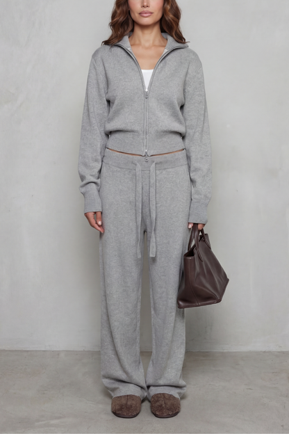 Meredith | Knit Lounge Set Dark Brown Two-Piece Zip Cardigan & Wide-Leg Trousers for Women
