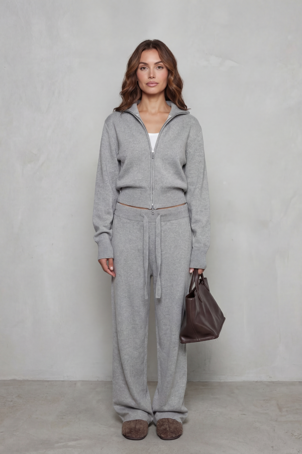 Meredith | Knit Lounge Set Dark Brown Two-Piece Zip Cardigan & Wide-Leg Trousers for Women