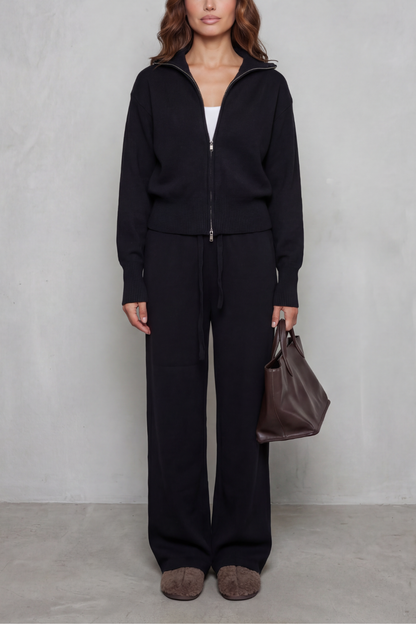 Meredith | Knit Lounge Set Dark Brown Two-Piece Zip Cardigan & Wide-Leg Trousers for Women