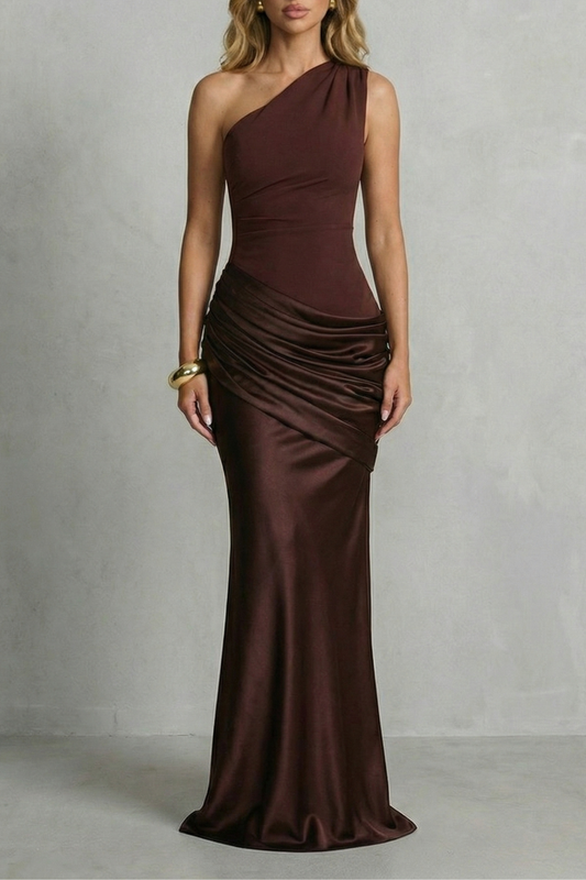 Rosalind | Maxi Dress Chocolate Brown Satin One-Shoulder Draped for Women