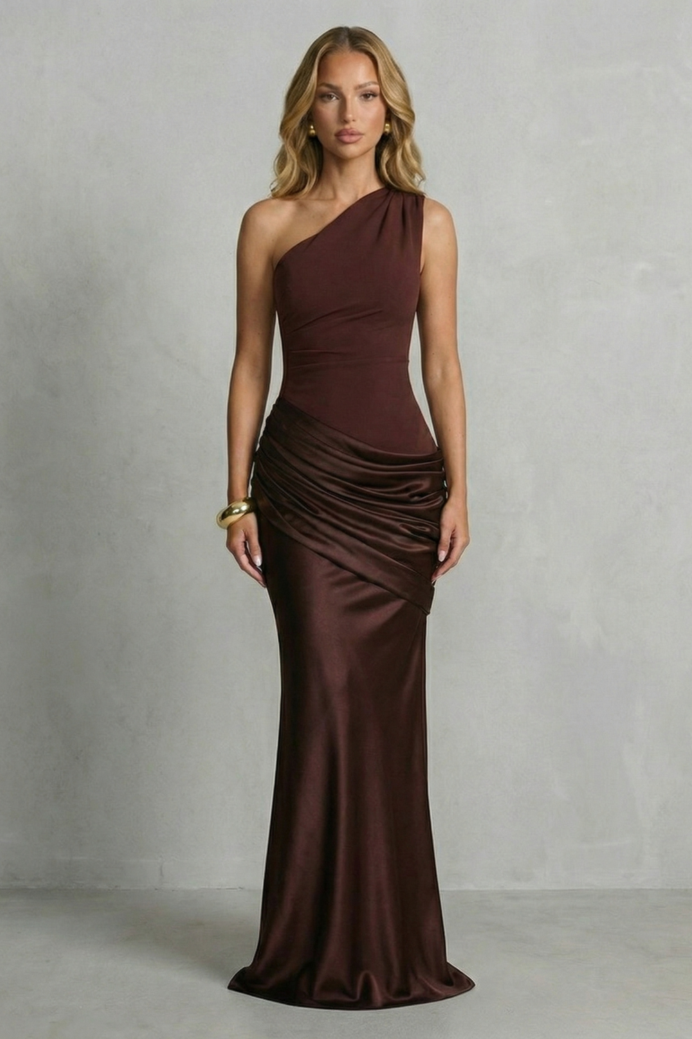 Rosalind | Maxi Dress Chocolate Brown Satin One-Shoulder Draped for Women