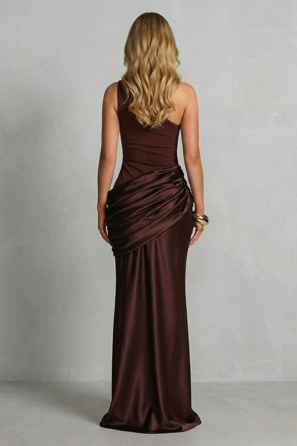Rosalind | Maxi Dress Chocolate Brown Satin One-Shoulder Draped for Women