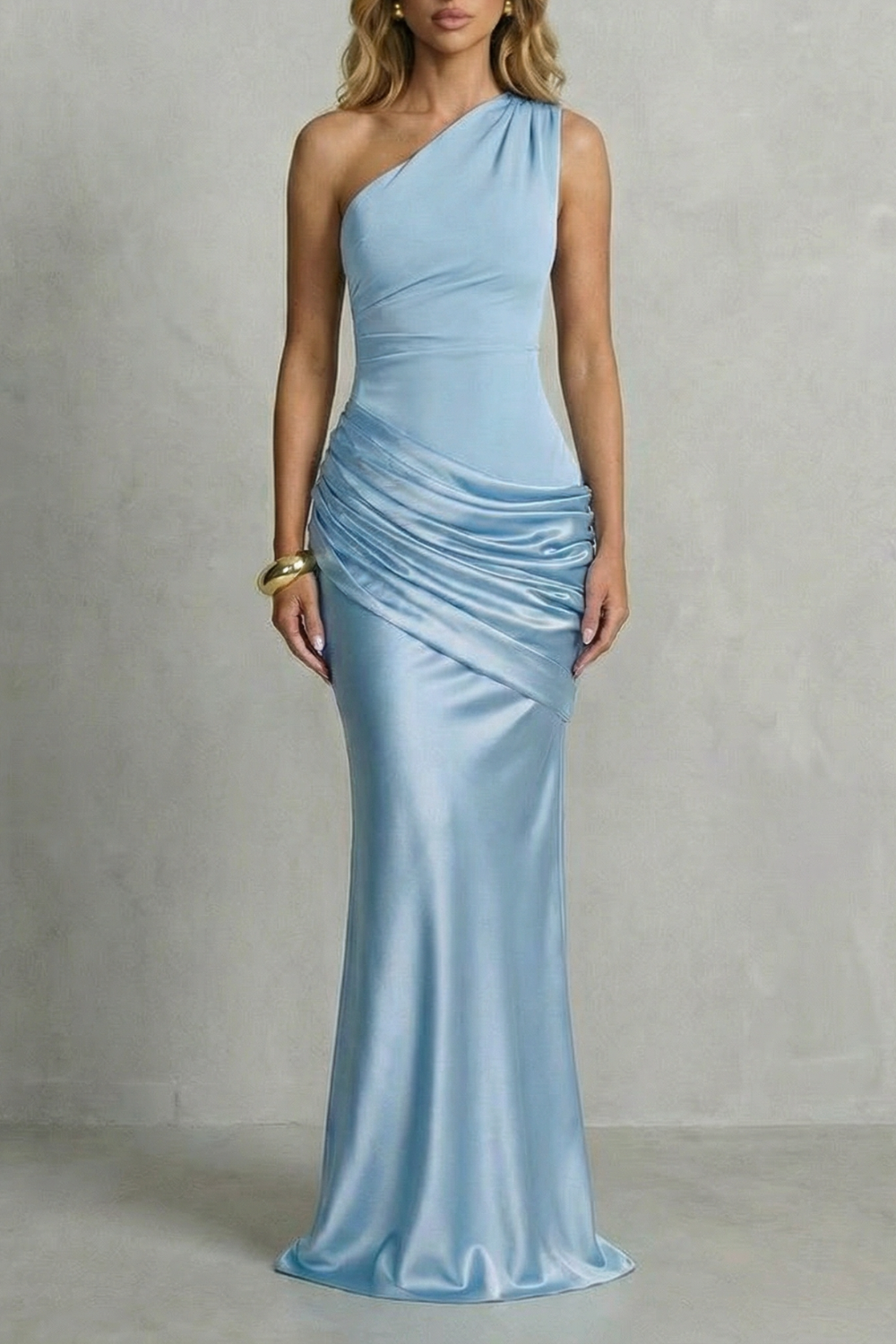 Rosalind | Maxi Dress Chocolate Brown Satin One-Shoulder Draped for Women