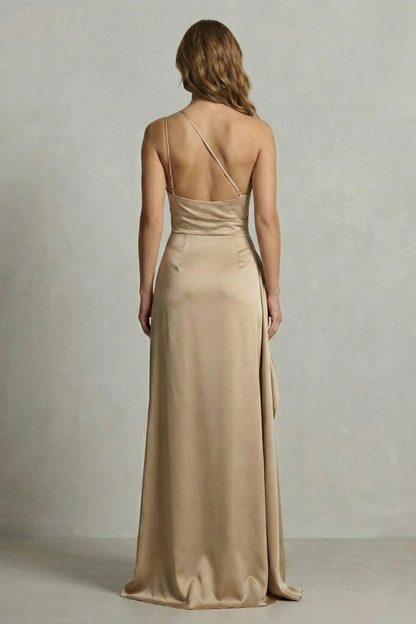 Phoebe | Maxi Dress Navy Satin One Shoulder Ruched High Slit for Women