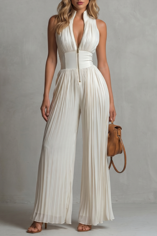Phoebe | Sleeveless Jumpsuit Ivory Pleated Wide-Leg Halter for Women