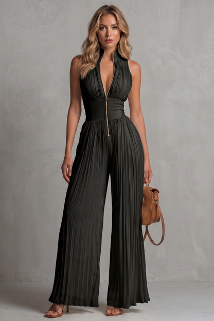 Phoebe | Sleeveless Jumpsuit Ivory Pleated Wide-Leg Halter for Women