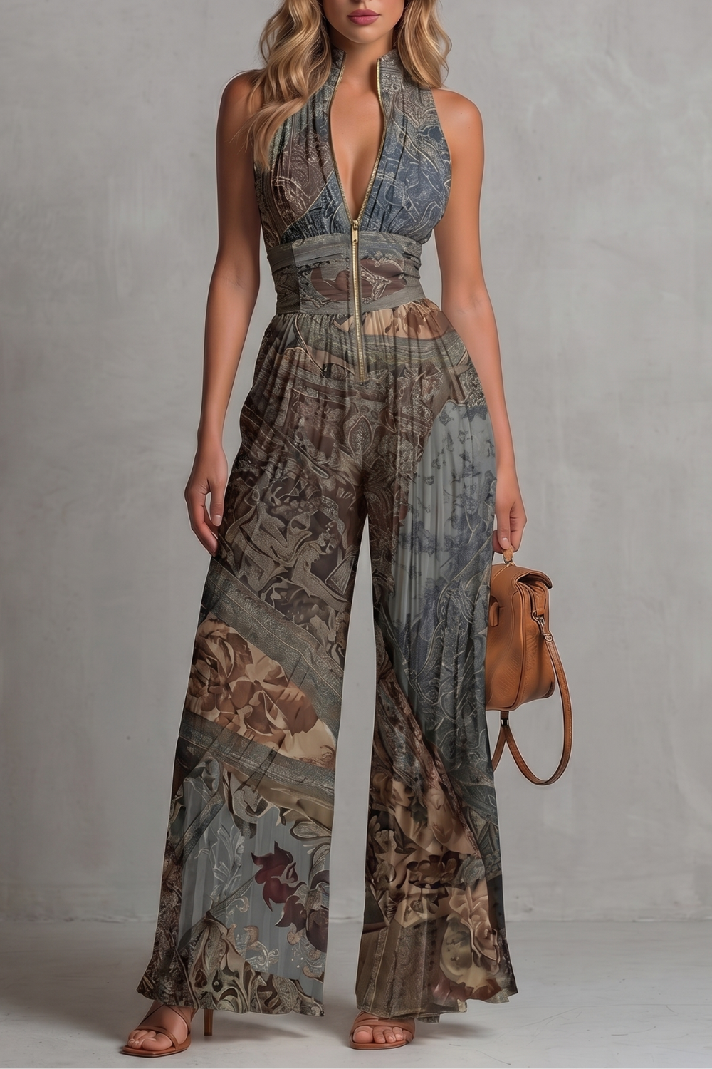 Phoebe | Sleeveless Jumpsuit Ivory Pleated Wide-Leg Halter for Women