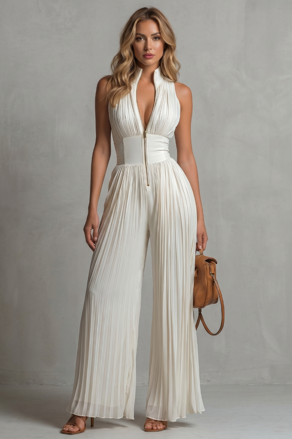 Phoebe | Sleeveless Jumpsuit Ivory Pleated Wide-Leg Halter for Women