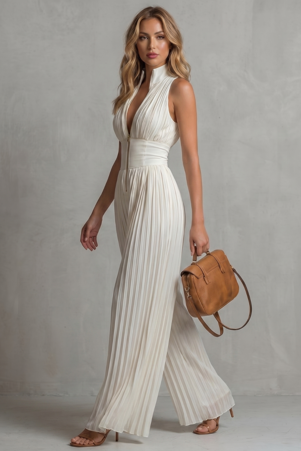 Phoebe | Sleeveless Jumpsuit Ivory Pleated Wide-Leg Halter for Women
