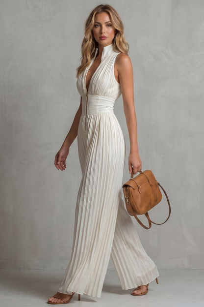 Phoebe | Sleeveless Jumpsuit Ivory Pleated Wide-Leg Halter for Women