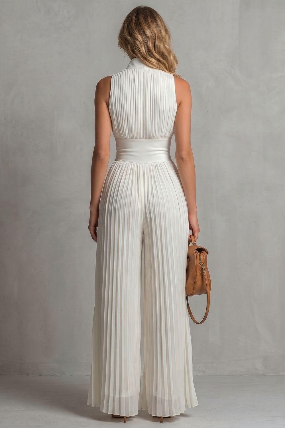 Phoebe | Sleeveless Jumpsuit Ivory Pleated Wide-Leg Halter for Women