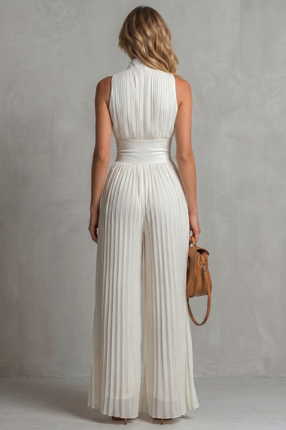 Phoebe | Sleeveless Jumpsuit Ivory Pleated Wide-Leg Halter for Women