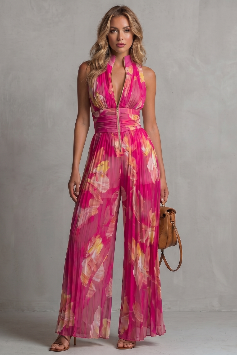 Phoebe | Sleeveless Jumpsuit Ivory Pleated Wide-Leg Halter for Women