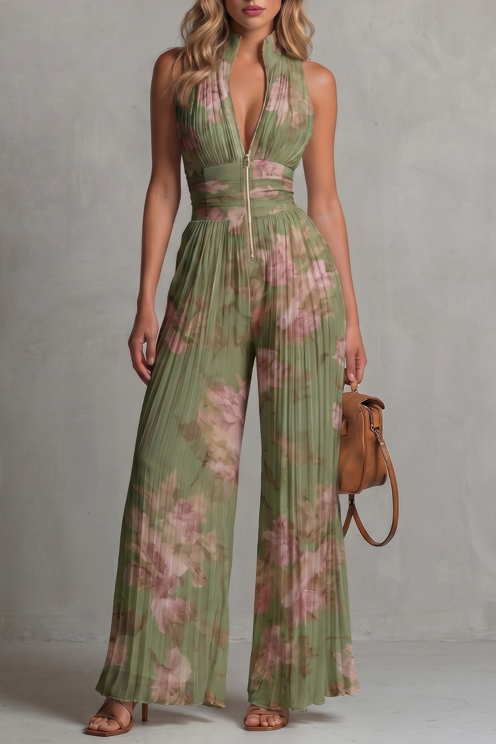 Phoebe | Sleeveless Jumpsuit Ivory Pleated Wide-Leg Halter for Women