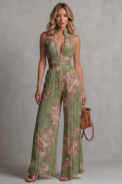 Phoebe | Sleeveless Jumpsuit Ivory Pleated Wide-Leg Halter for Women