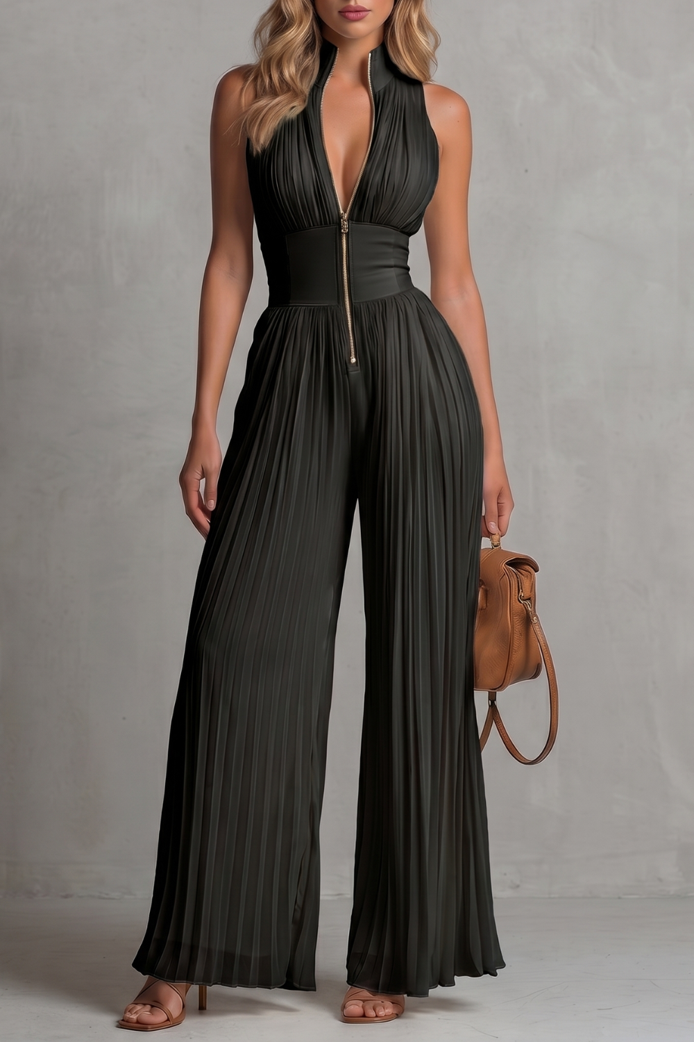 Phoebe | Sleeveless Jumpsuit Ivory Pleated Wide-Leg Halter for Women