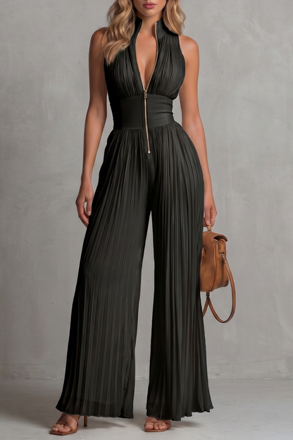 Phoebe | Sleeveless Jumpsuit Ivory Pleated Wide-Leg Halter for Women