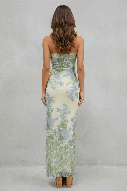 Rosalind | Maxi Dress Sage Green Floral Chiffon Strapless Ruffle Slit for Women