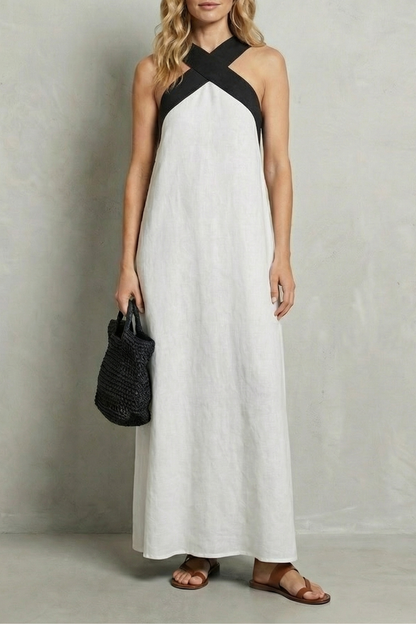 Edwina | Maxi Dress Black Linen Cross-Halter Sleeveless for Women